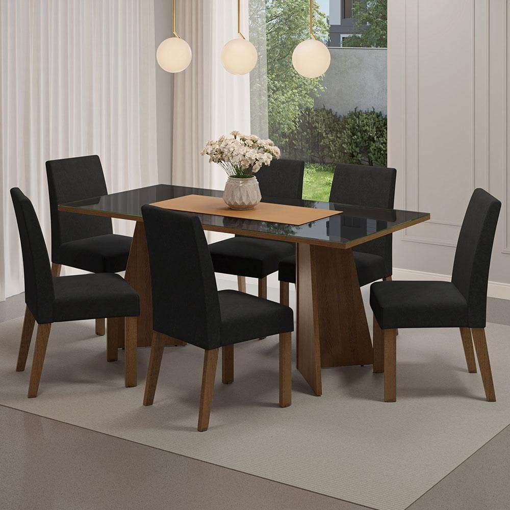 Conjunto Sala Jantar Mesa Vidro 6 Cadeiras Rustic
