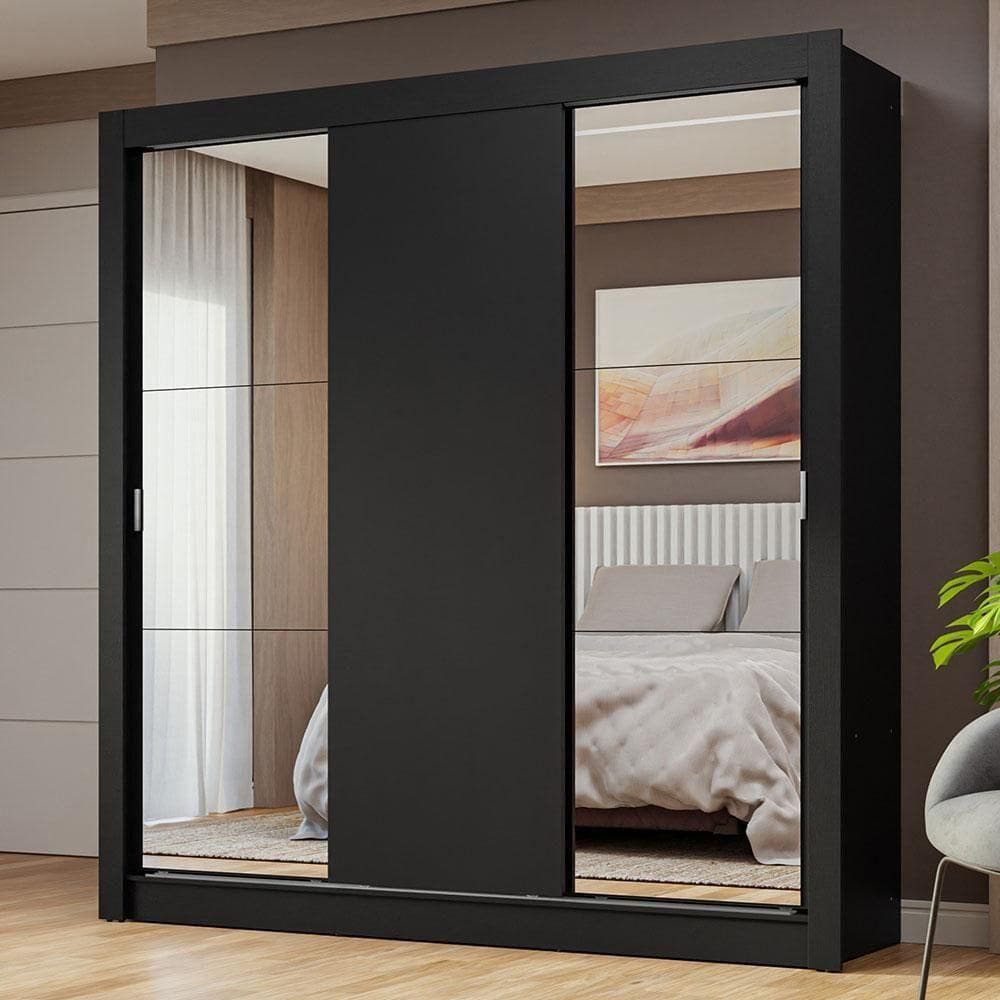 Guarda-roupa Casal 3 Portas Correr Espelhos Preto Nobre