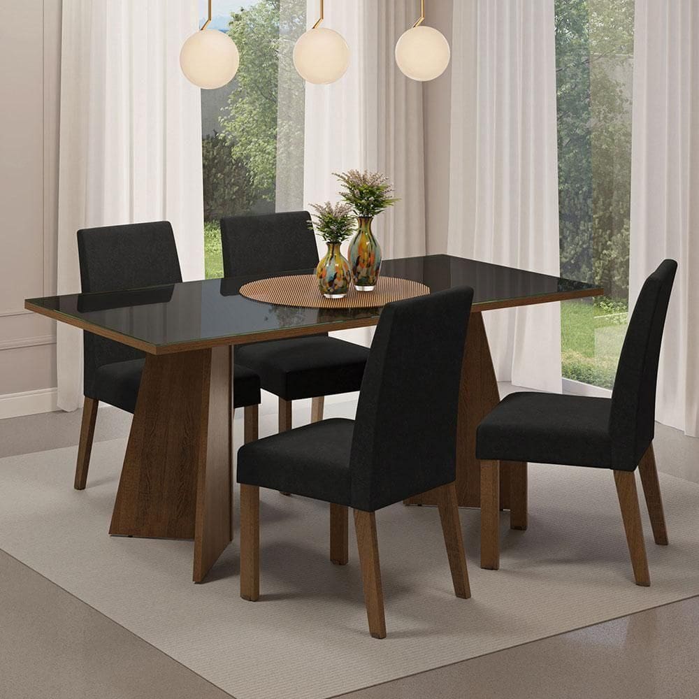 Conjunto Sala Jantar Mesa Vidro 4 Cadeiras Rustic