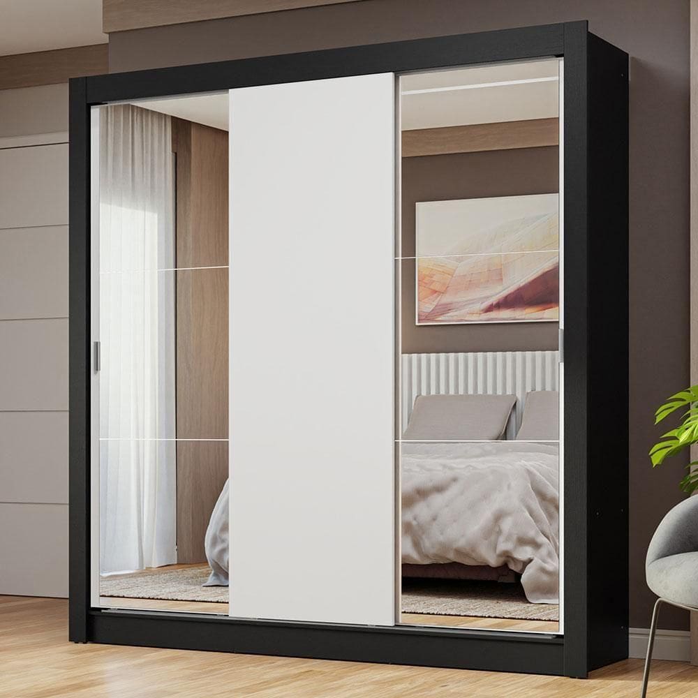 Guarda-roupa Casal 3 Portas Correr Espelhos Preto/branco