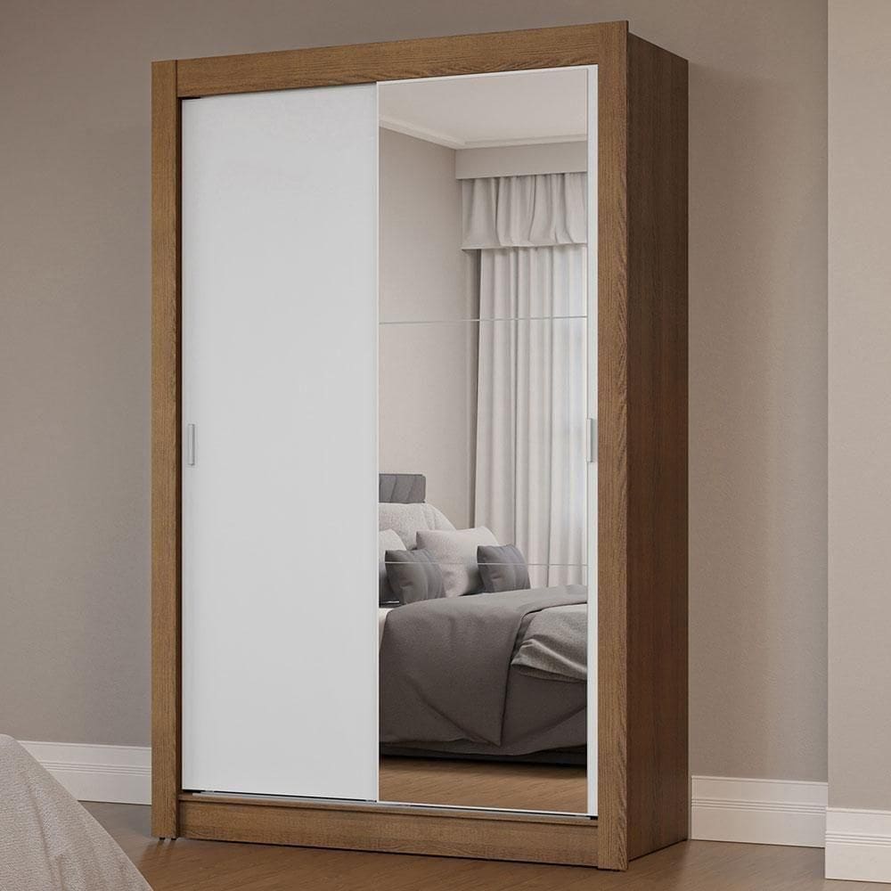 Guarda-roupa Solteiro 2 Portas Correr Espelho Rustic/branco