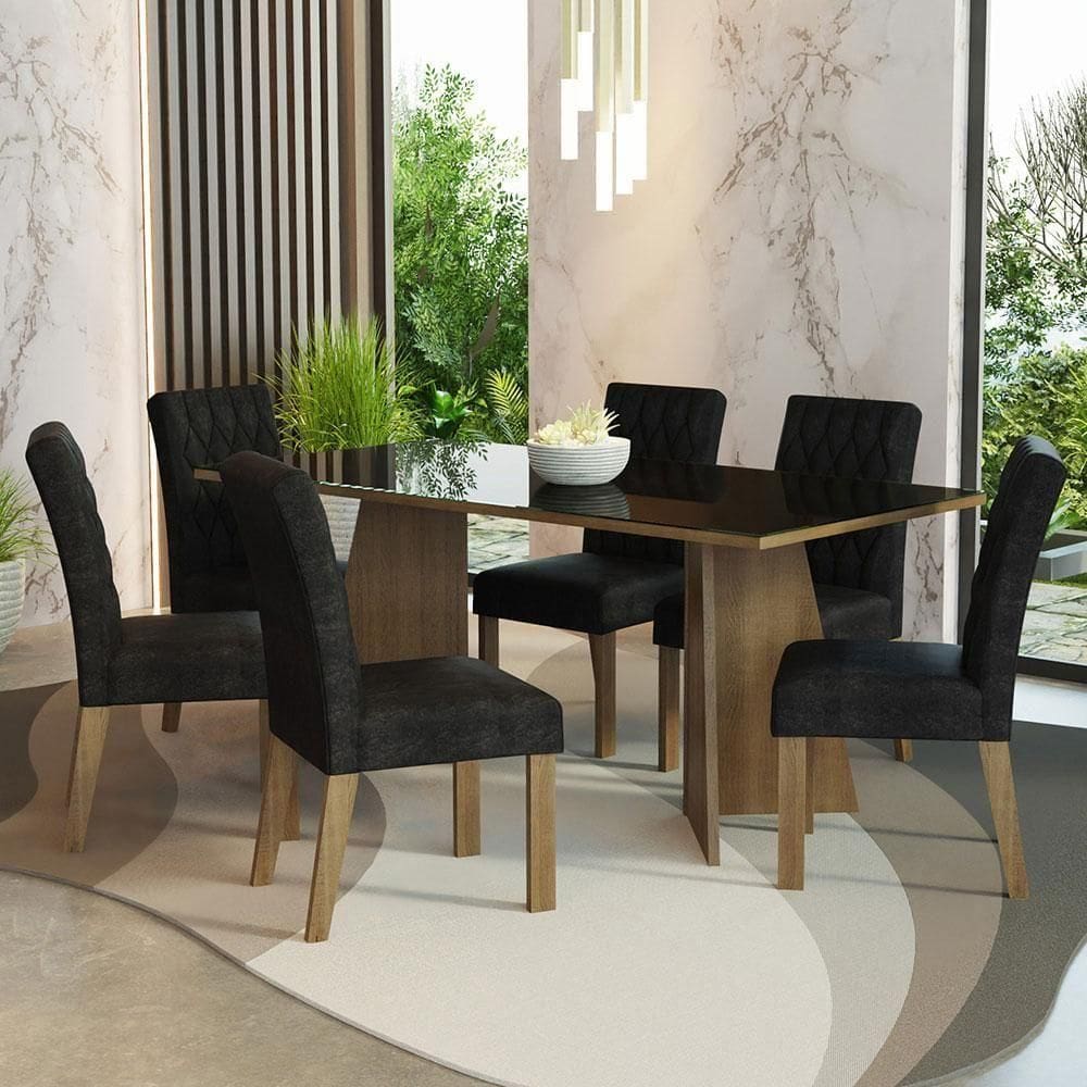 Conjunto Sala Jantar Mesa Vidro 6 Cadeiras Rustic