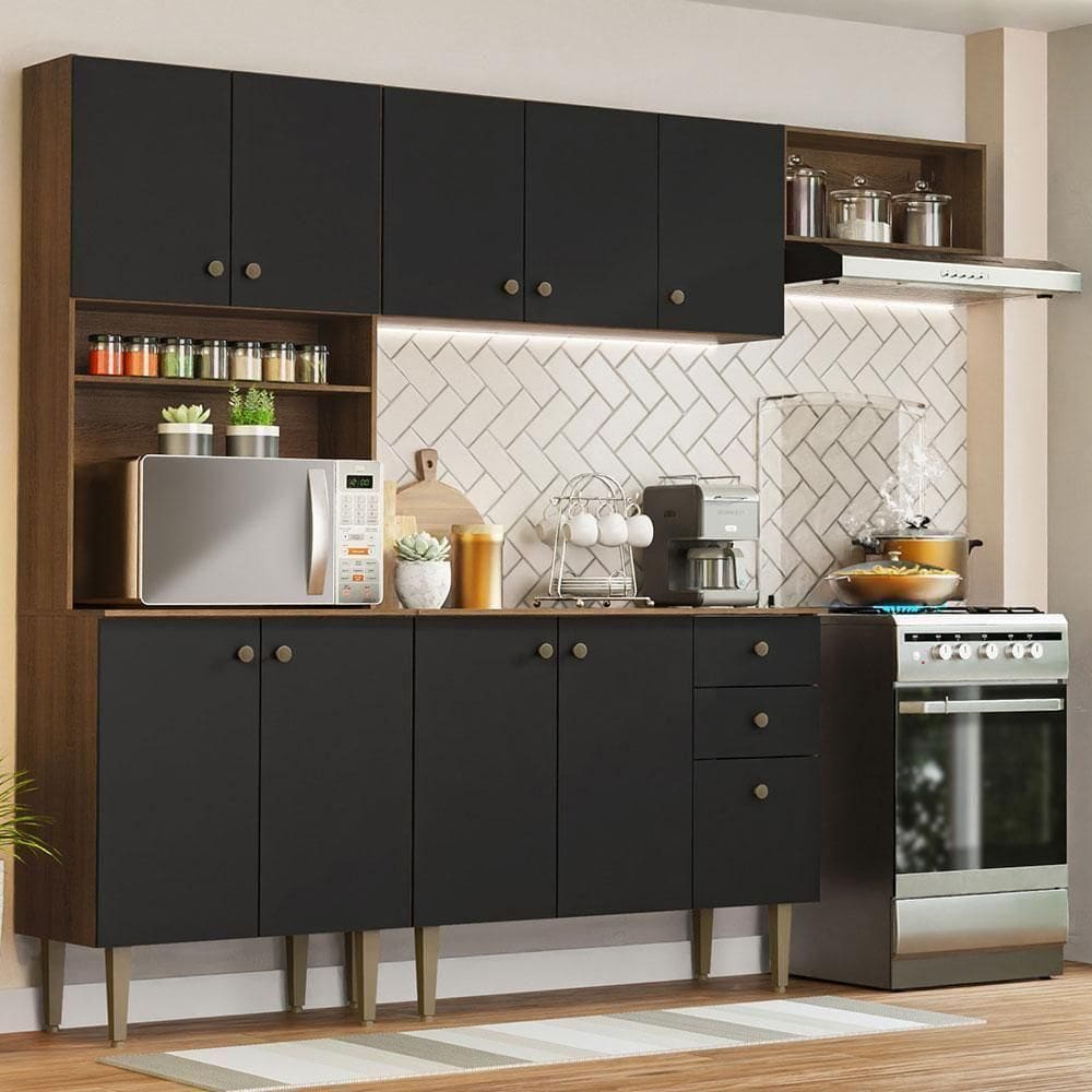 Armário Cozinha Compacta 235cm Rustic/Preto Gourmet 02