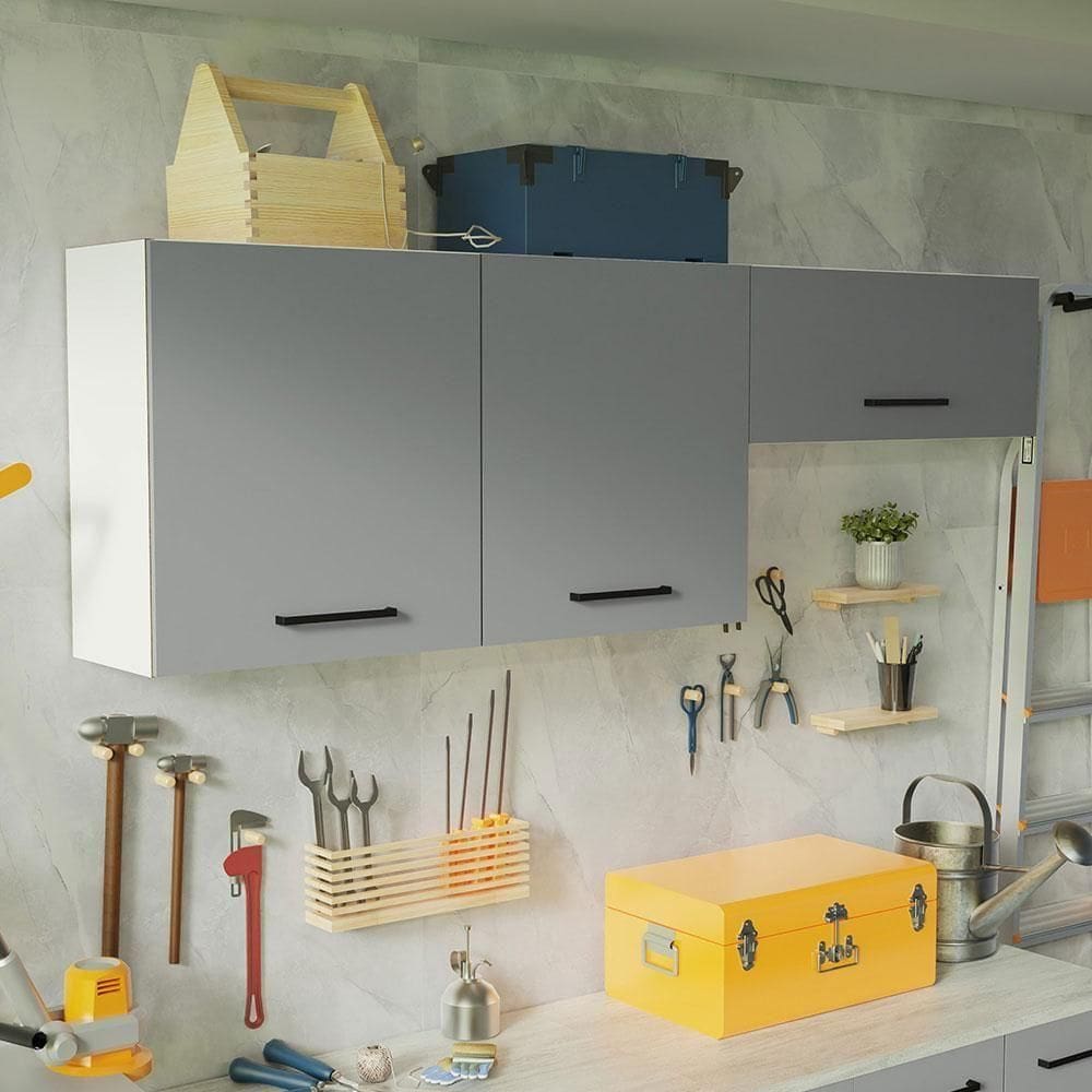 Kit 2 Armários Aéreos Multiuso 3 Portas Branco/Cinza