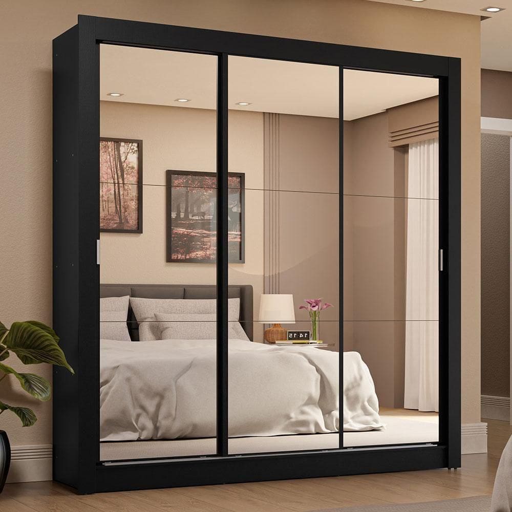 Guarda-roupa Casal 3 Portas Correr Espelho 4 Gavetas Preto