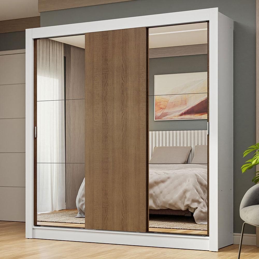 Guarda-roupa Casal 3 Portas Correr Espelhos Branco/rustic