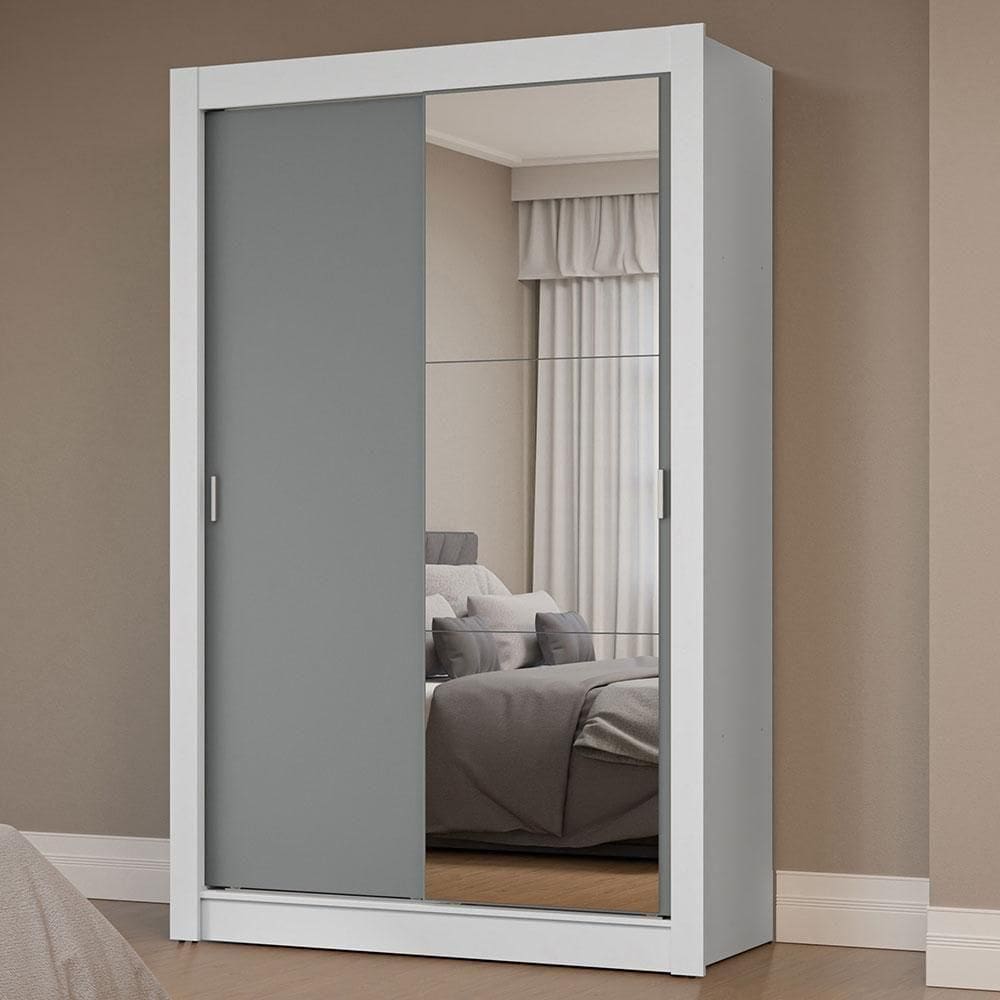 Guarda-roupa Solteiro 2 Portas Correr Espelho Branco/cinza