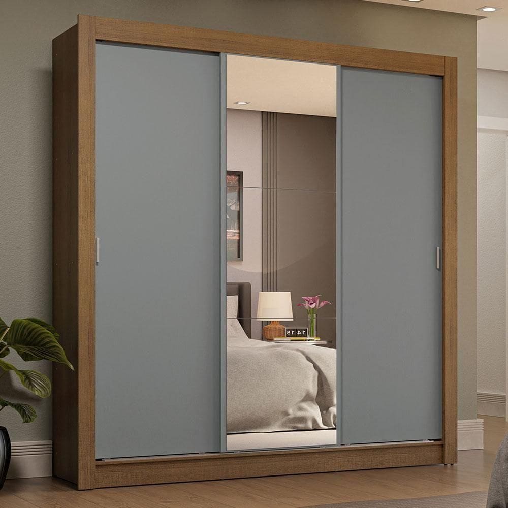 Guarda-roupa Casal 3 Portas Correr 4 Gavetas Rústico/Cinza