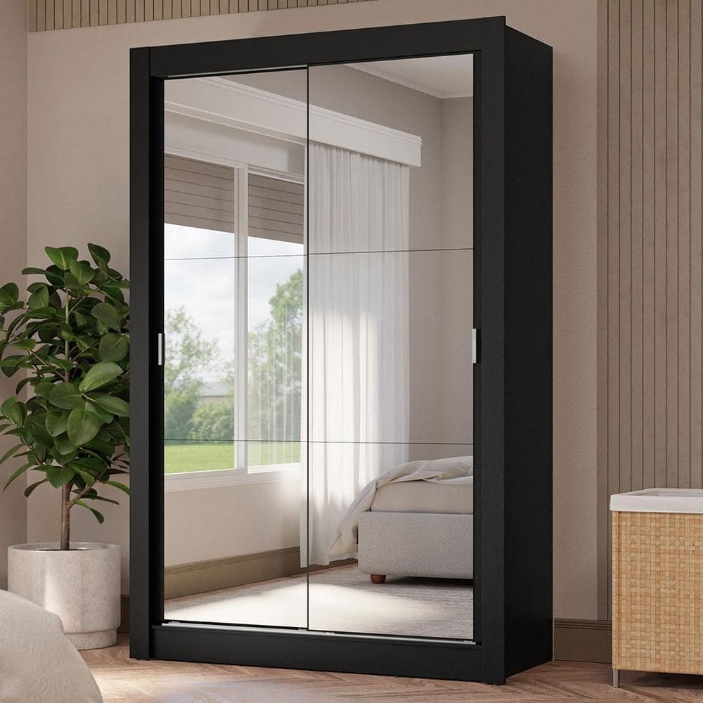 Guarda-roupa Solteiro 2 Portas Correr Espelhos 4 Gavetas