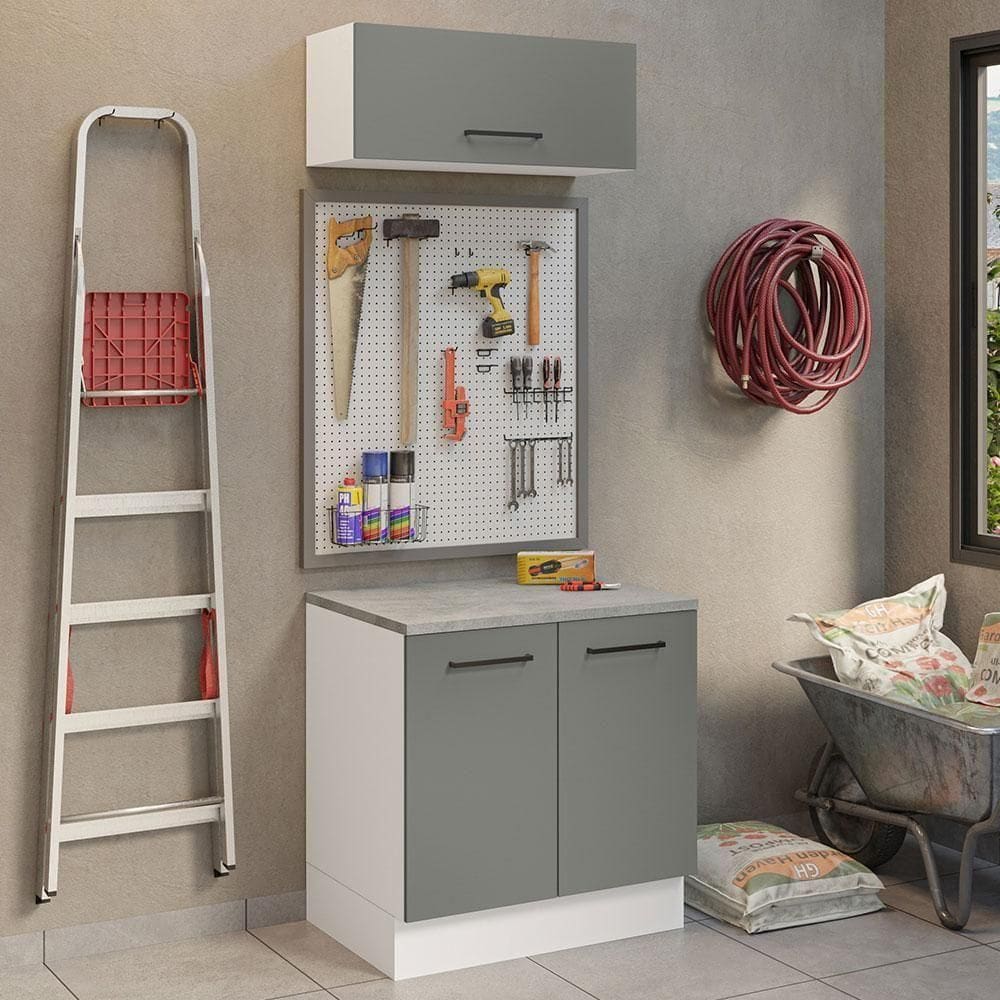 Kit Balcão E Armário Aéreo 80cm Branco/Cinza