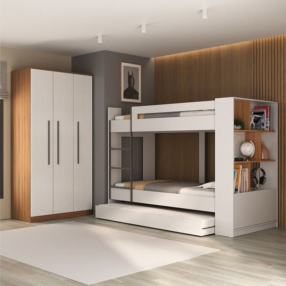 Quarto Juvenil Completo com Beliche e Guarda Roupa Nápoles Espresso Móveis Branco/Nogal