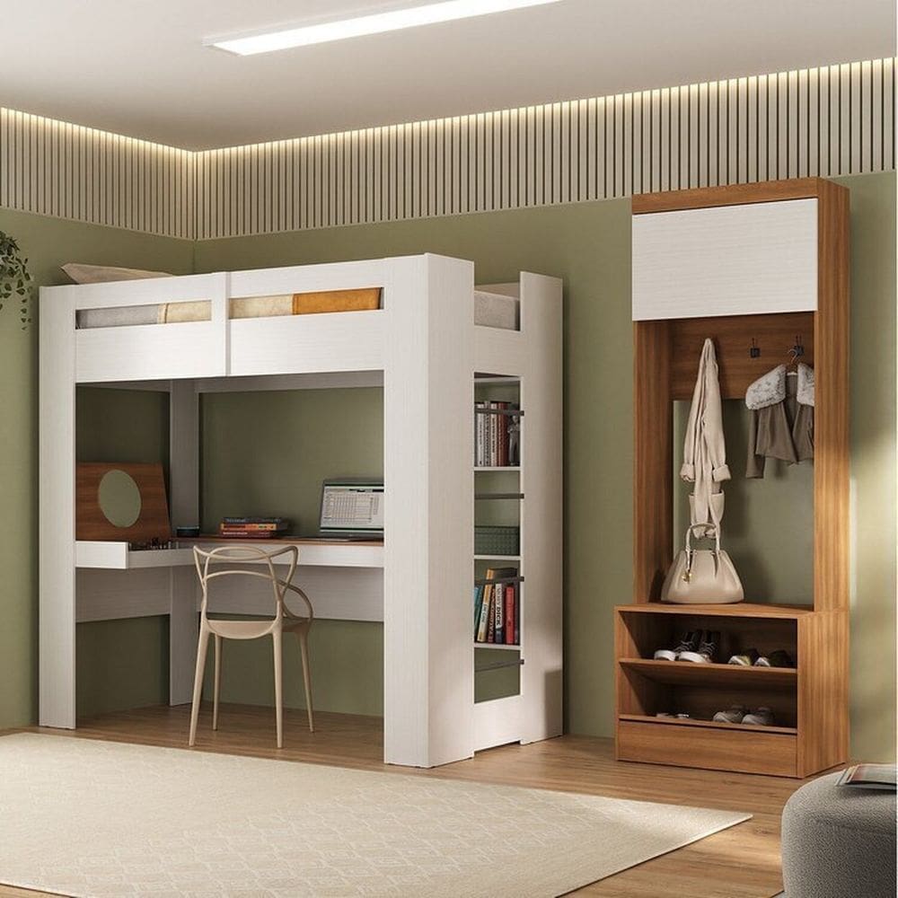 Quarto Juvenil Completo com Beliche e Sapateira Addis Espresso Móveis Branco/Nogal