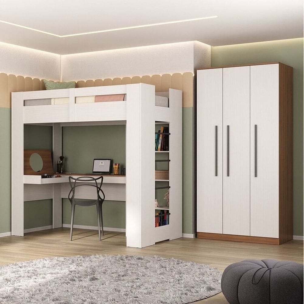 Quarto Juvenil Completo com Beliche e Sapateira Seul Espresso Móveis Branco/Nogal