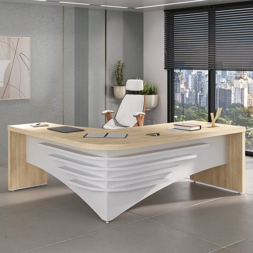 Kit com Mesa para Escritório Diretor em L e Cadeira de Escritório Presidente Lisboa Espresso Móveis Carvalho/Branco