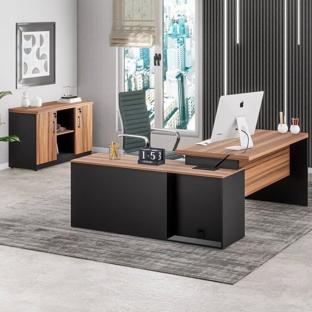 Conjunto de mesa em L 150x150 cm, com Armário Baixo Marrom/Preto