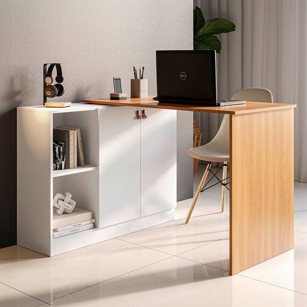 Mesa Escrivaninha Versa Home com Tampo Multifuncional 2 Portas Freijó/Branco - Telasul