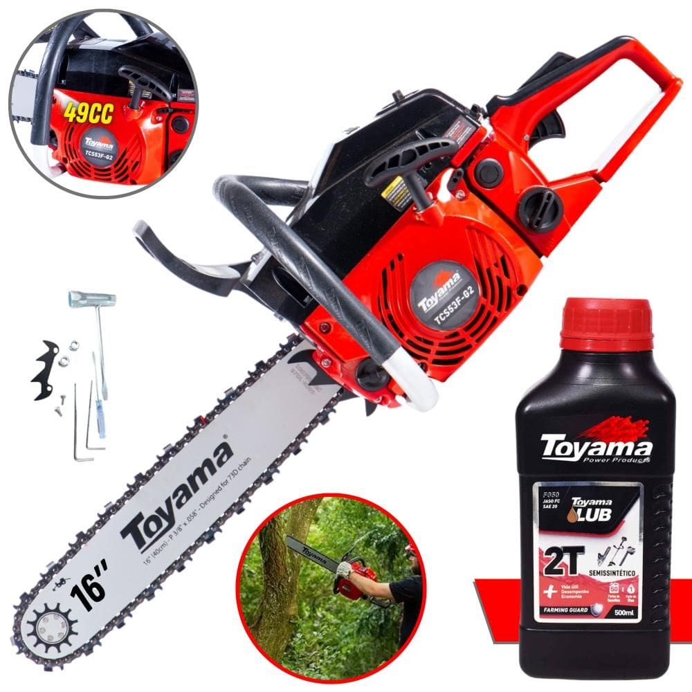 Moto Serra Motosserra À Gasolina Toyama TCS53F-G2 2T 49cc 2,8HP Sabre 16’’ Ponta Rolante Corrente Oregon 28 Dentes + ÓLEO FG50 2 TEMPOS