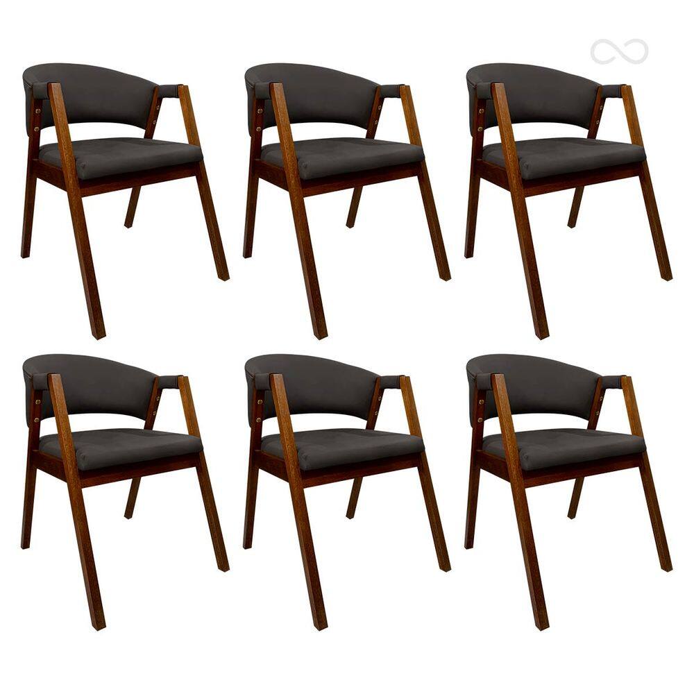Kit 6 Cadeiras de Jantar com Braço Estofada Madeira Ravena Curva Marrom Café CCS