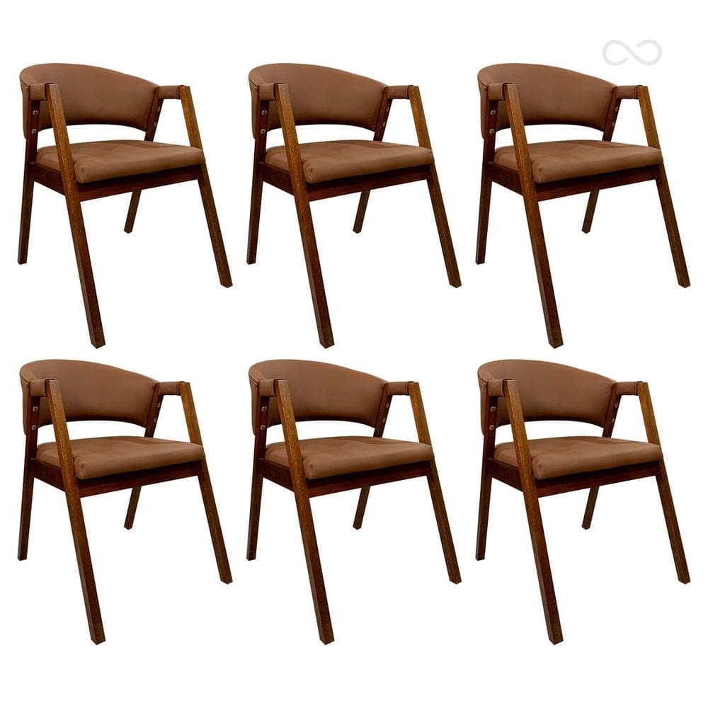 Kit 6 Cadeiras de Jantar com Braço Madeira Estofada Marrom Claro Ravena CCS