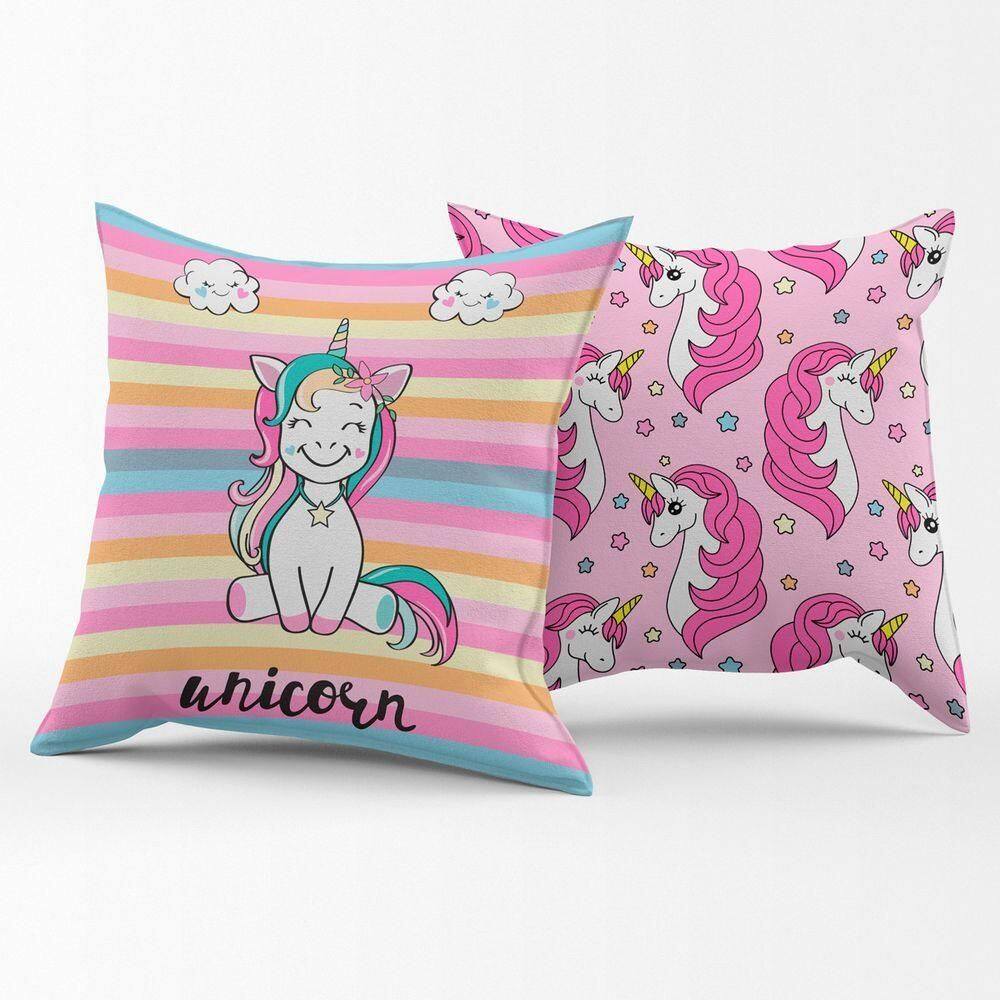 Par De Almofadas Estampadas Cheias Unicórnio Listrado Pink 45cm X 45cm Enchimento Refil Em Silicone