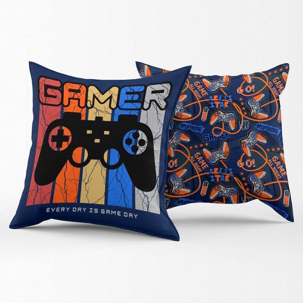 Par De Almofadas Estampadas Cheias Gamer Day Azul Marinho 45cm X 45cm Enchimento Refil Em Silicone