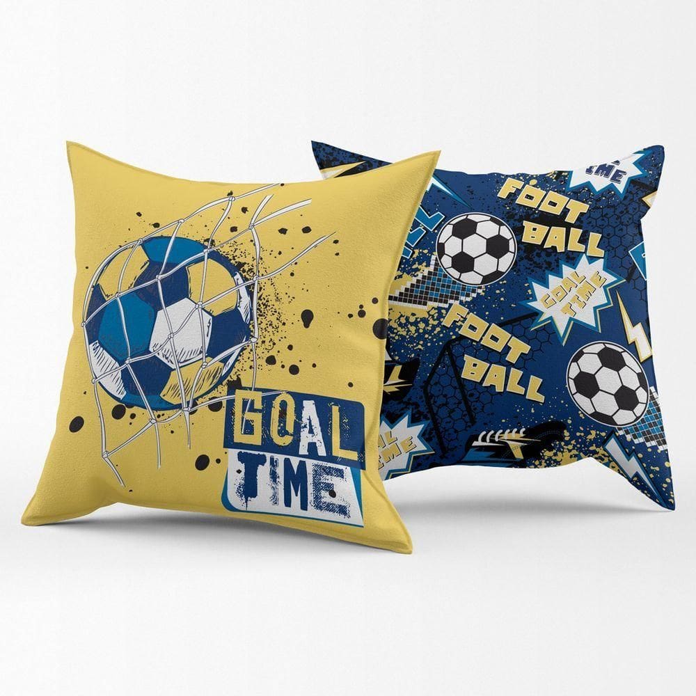 Par De Almofadas Estampadas Cheias Futebol Goal Amarelo-azul Marinho 45cm X 45cm Enchimento Refil Em Silicone