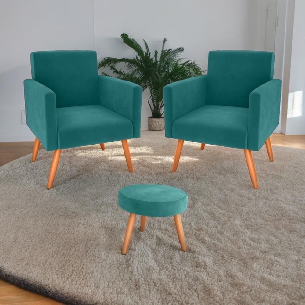 Jogo De Poltronas E Puff Livia Veludo Verde Menta