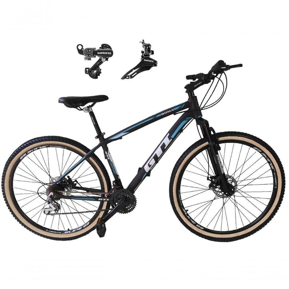 Bicicleta Aro 29 Gti Roma Alumínio 21v Câmbios Shimano Freio A Disco C- Pneu Faixa Bege Preto-azul 19