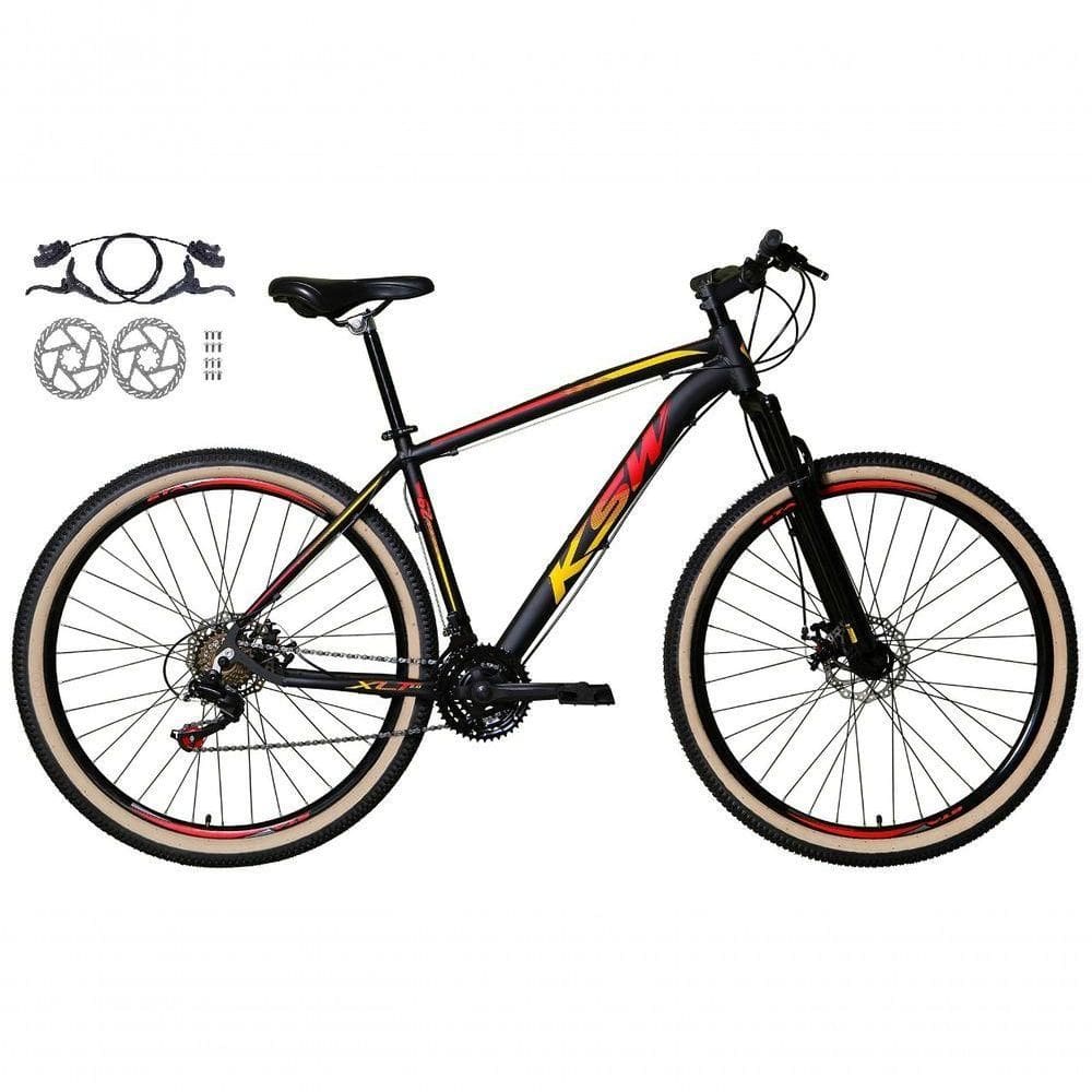 Bicicleta Aro 29 Ksw Xlt 24v Freios Disco Hidráulicos Garfo Suspensão Pneu Faixa - Preto/vermelho/amarelo Tam.21