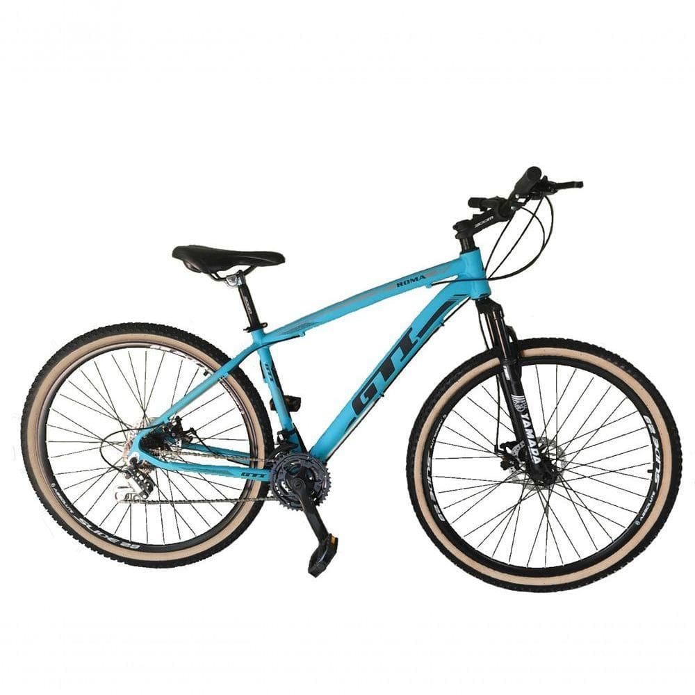 Bicicleta Aro 29 Gti Roma Alumínio 27v Freio Disco Mecânico Pneu Faixa Bege - Azul Tam.19