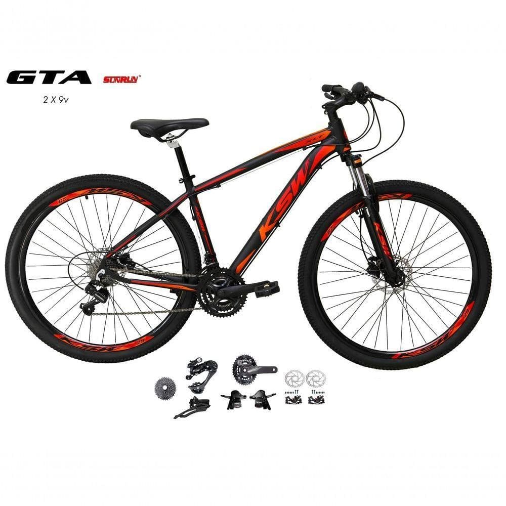 Bicicleta Aro 29 Ksw Xlt Kit 2x9 Sunrun Freio Disco K7 11/36 Pedivela 24/38d Garfo Trava - Preto/vermelho/laranja Tam.15