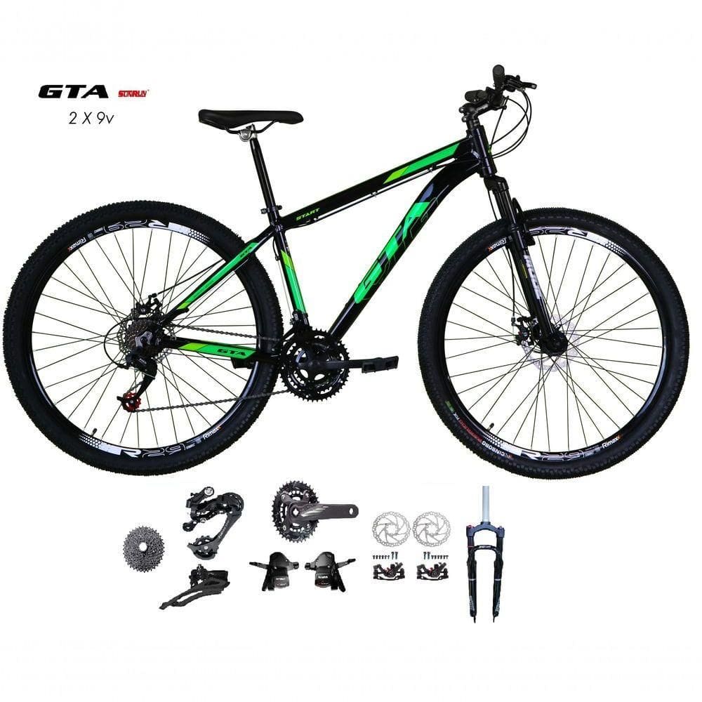 Bicicleta Aro 29 Gta Start Kit 2x9 Gta Sunrun Freio Disco K7 11/36 Pedivela 24/38d Garfo Com Trava - Preto/verde Tam.15