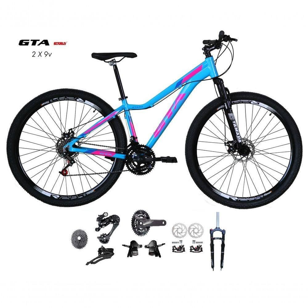 Bicicleta Aro 29 Feminina Gta Start Kit 2x9 Gta Sunrun Disco K7 11/36 Pedivela 24/38d Garfo Trava - Azul/rosa Tam.15.5