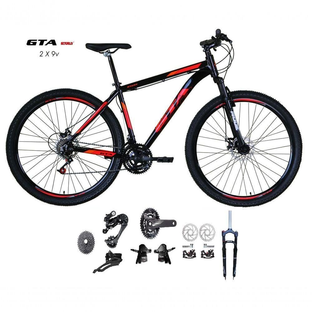 Bicicleta Aro 29 Gta Start Kit 2x9 Gta Sunrun Freio Disco K7 11/36 Pedivela 24/38d Garfo Trava - Preto/vermelho Tam.19
