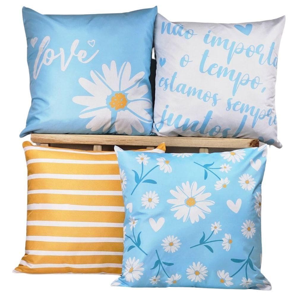 Kit 4 Capas De Almofadasdecorativa Margaridas Azuis