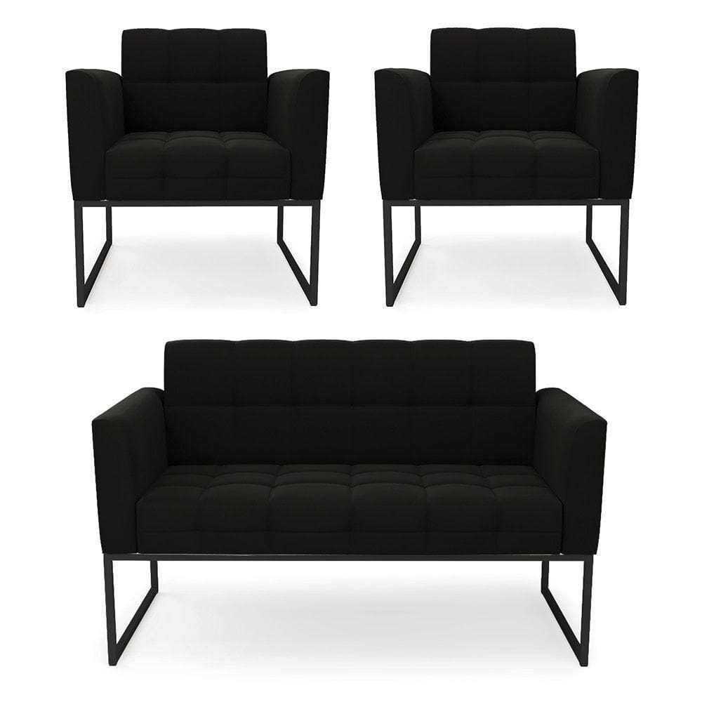 Kit 1 Sofá Namoradeira E 2 Poltronas Elisa Suede Preto Base Metálica Industrial Preto - D`rossi