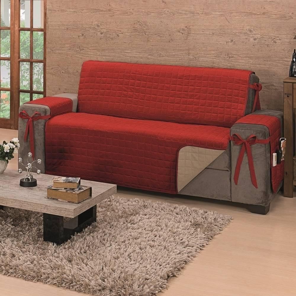 Protetor De Sofá Dupla Face Premium 2 E 3 Lugares - Vermelho-cáqui