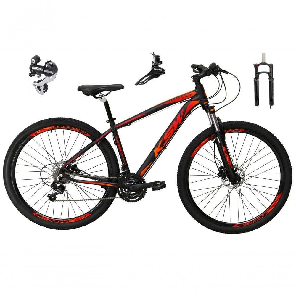 Bicicleta Aro 29 Ksw Xlt 24v Câmbio Shimano Acera K7 Garfo Trava Freio A Disco - Preto-vermelho-laranja Tam.19