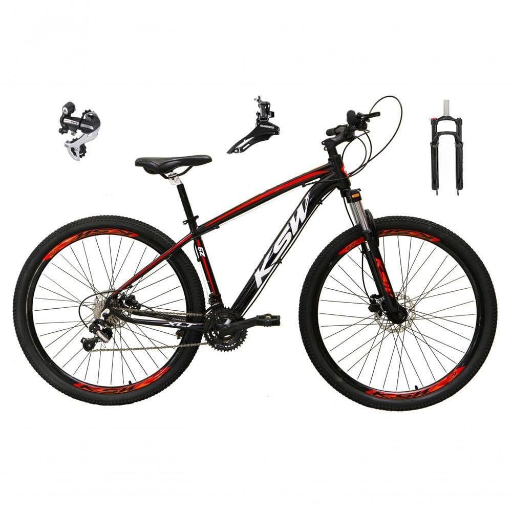 Bicicleta Aro 29 Ksw Xlt 24v Câmbio Shimano Acera K7 Garfo Trava Freio A Disco - Preto-vermelho-branco Tam.17