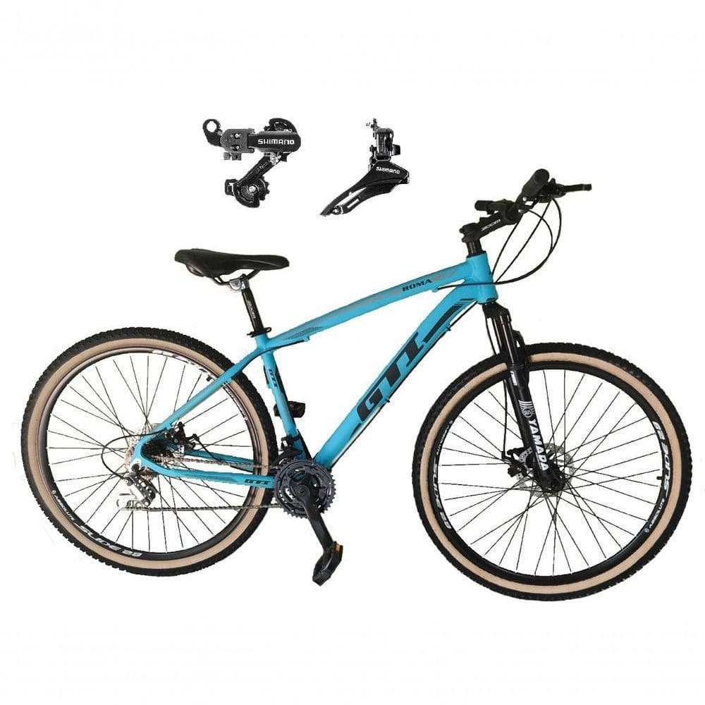 Bicicleta Aro 29 Gti Roma Alumínio 21v Câmbios Shimano Freio A Disco Com Pneu Faixa Bege - Azul Tam.17
