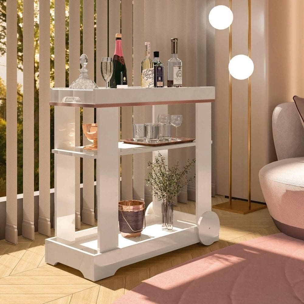 Carrinho Bar Aparador Com Rodas Rosé Off White