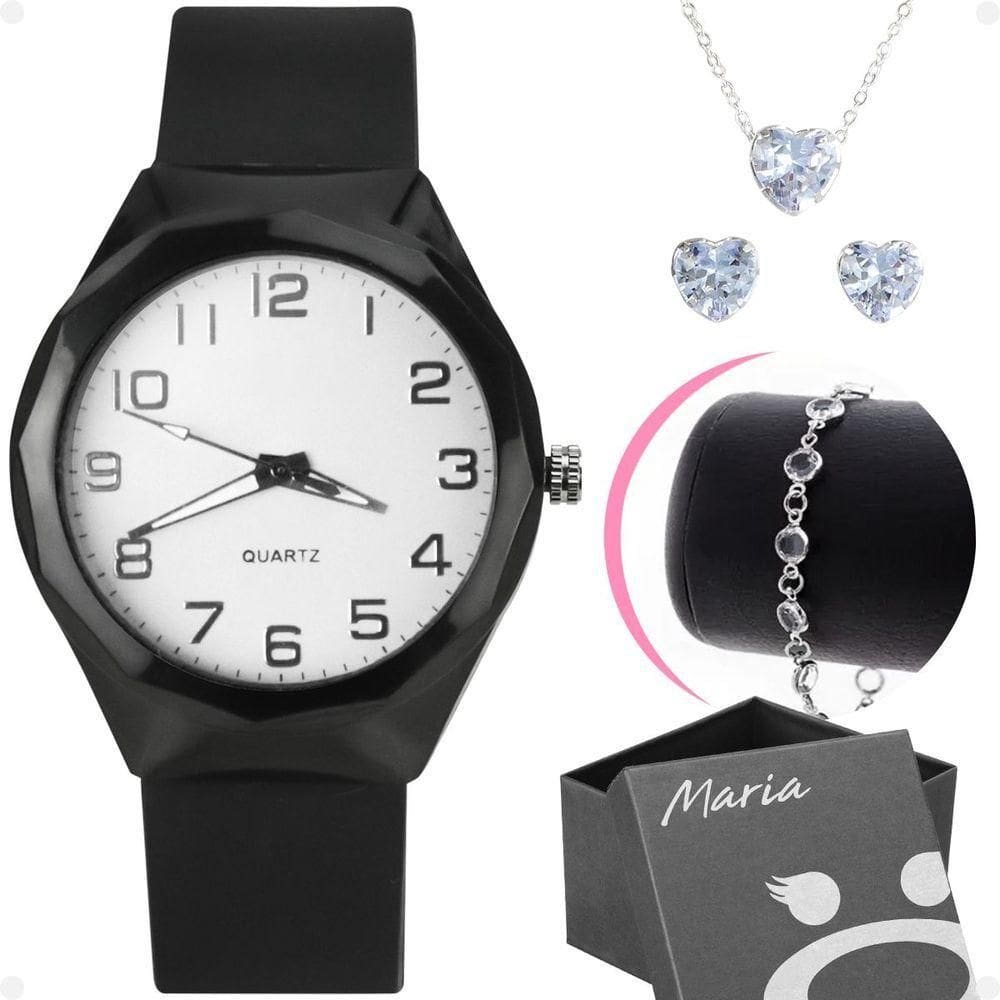 Colar Brinco + Relogio Feminino Aço Prova Dagua Coração Moda Qualidade Preto