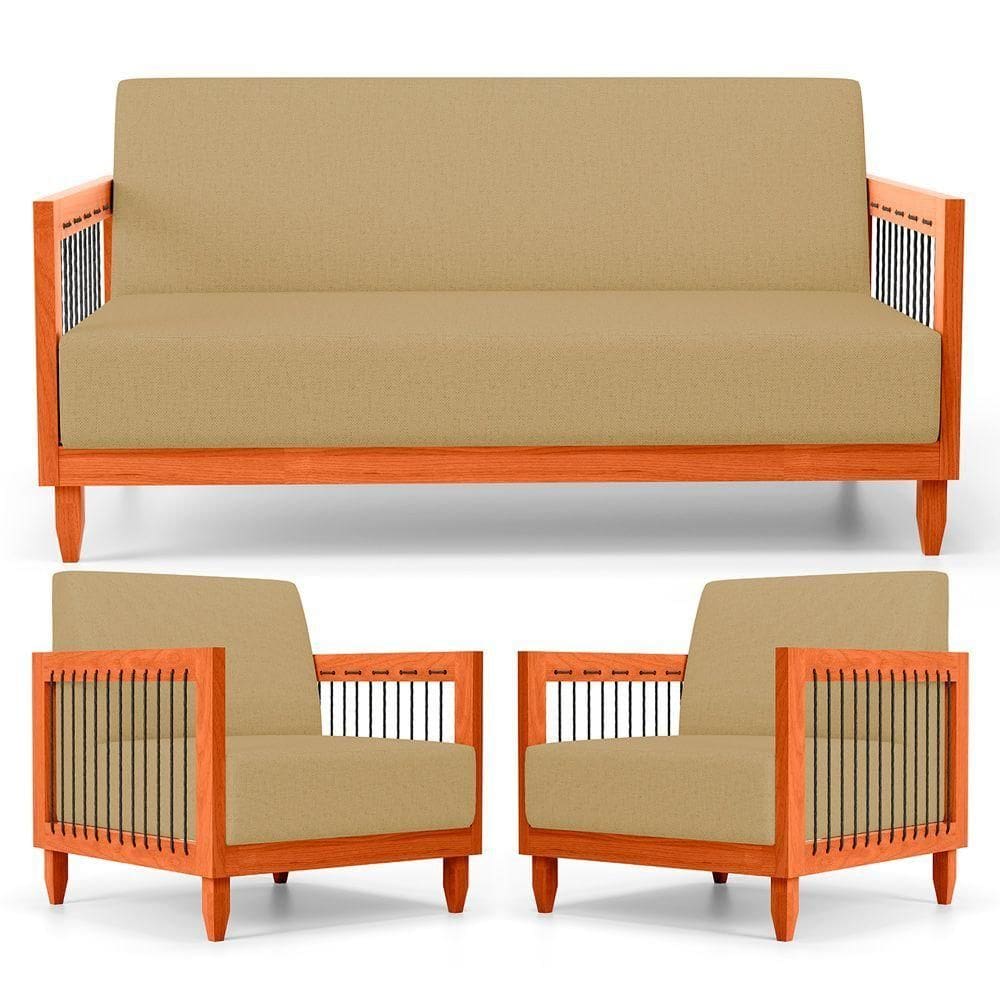 Kit 02 Poltronas E 01 Sofá Samoa Madeira Maciça Com Cordas Náutica Linho Dourado - Desk Design