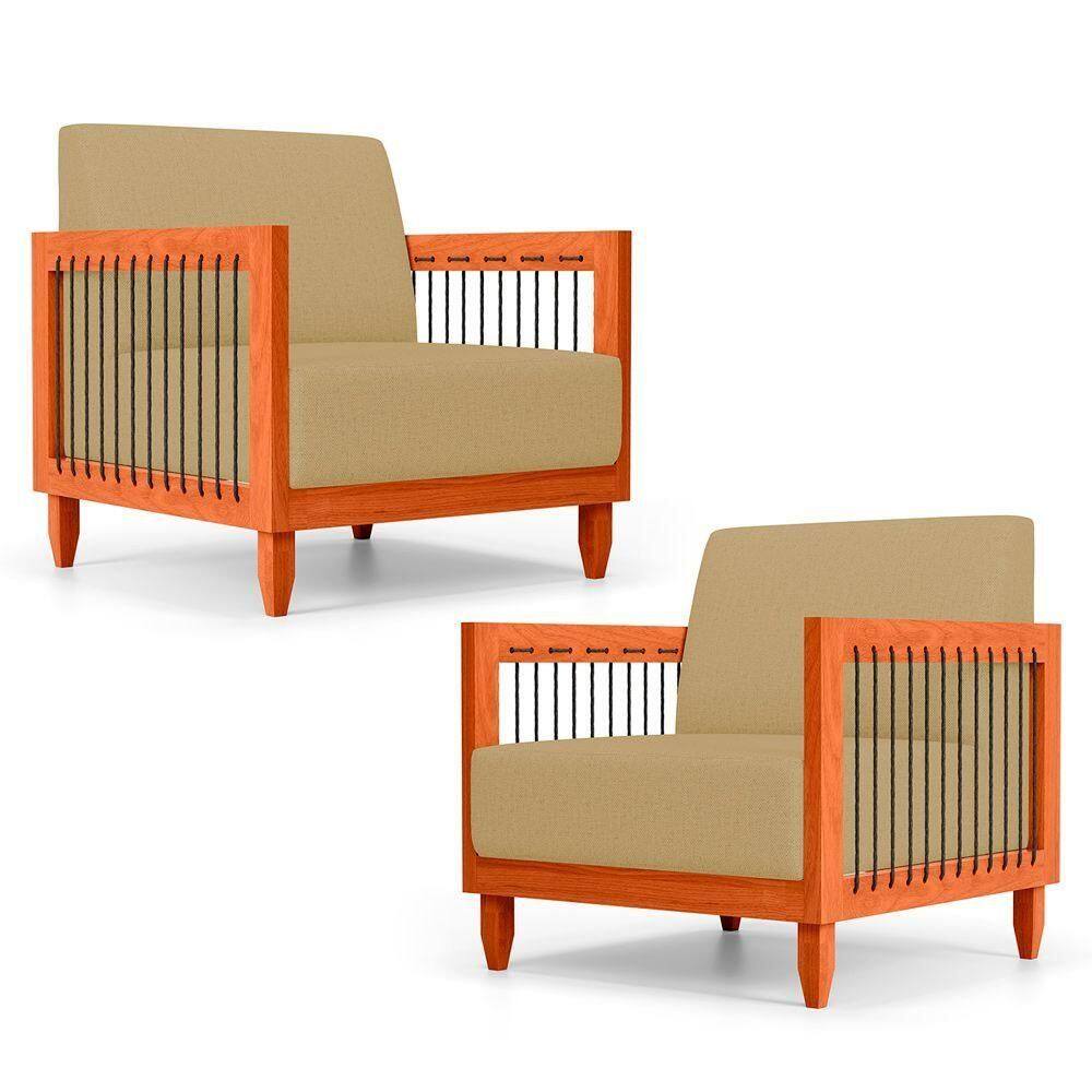 Kit 02 Poltronas Varanda Samoa Madeira Maciça Com Cordas Náutica Linho Dourado - Desk Design