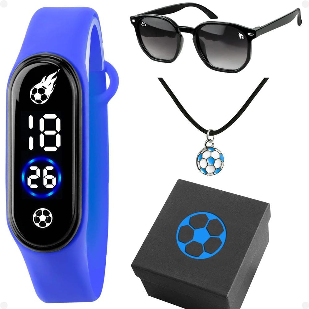Relógio Infantil Futebol Led + Colar + Óculos Sol + Caixa Silicone Azul Menino Ajustável Acetato Led
