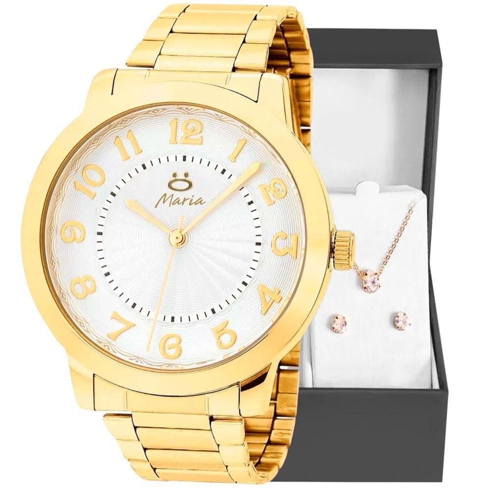 Relogio Feminino Inox Dourado Aço + Colar + Brincos + Caixa Qualidade Premium Social Strass Moda