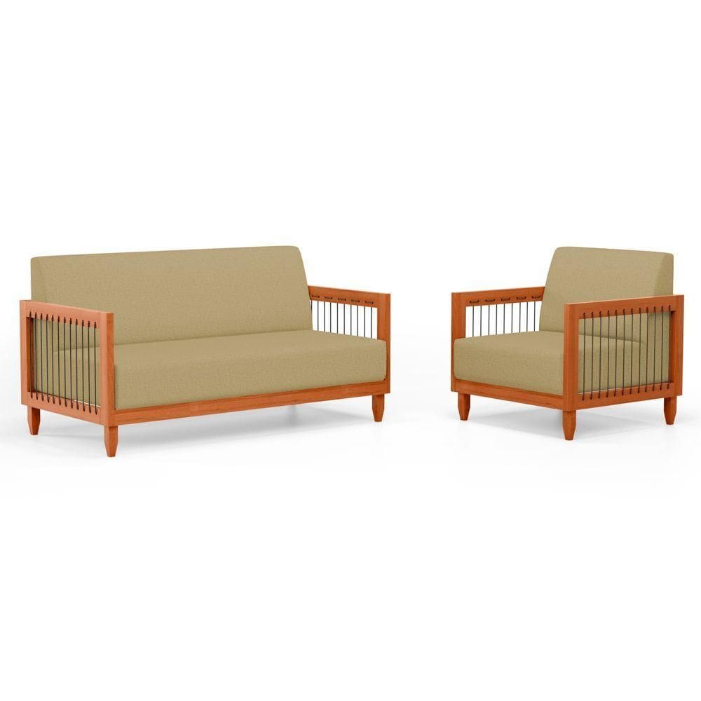 Kit Poltrona E Sofá Varanda Samoa Madeira Maciça Com Cordas Náutica Linho Dourado - Desk Design