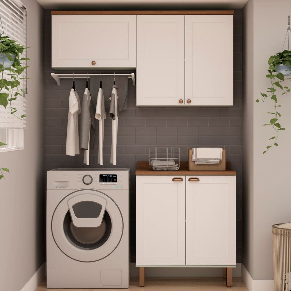 Kit Área de Serviço com 3 Módulos com Portas Provençais para Lavanderia 100% Mdf Branco
