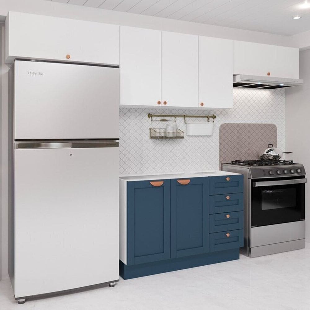 Cozinha Modulada 4 Peças 3 Aéreos 1 Balcão Arizona Cabecasa Madeiramadeira Branco/Azul