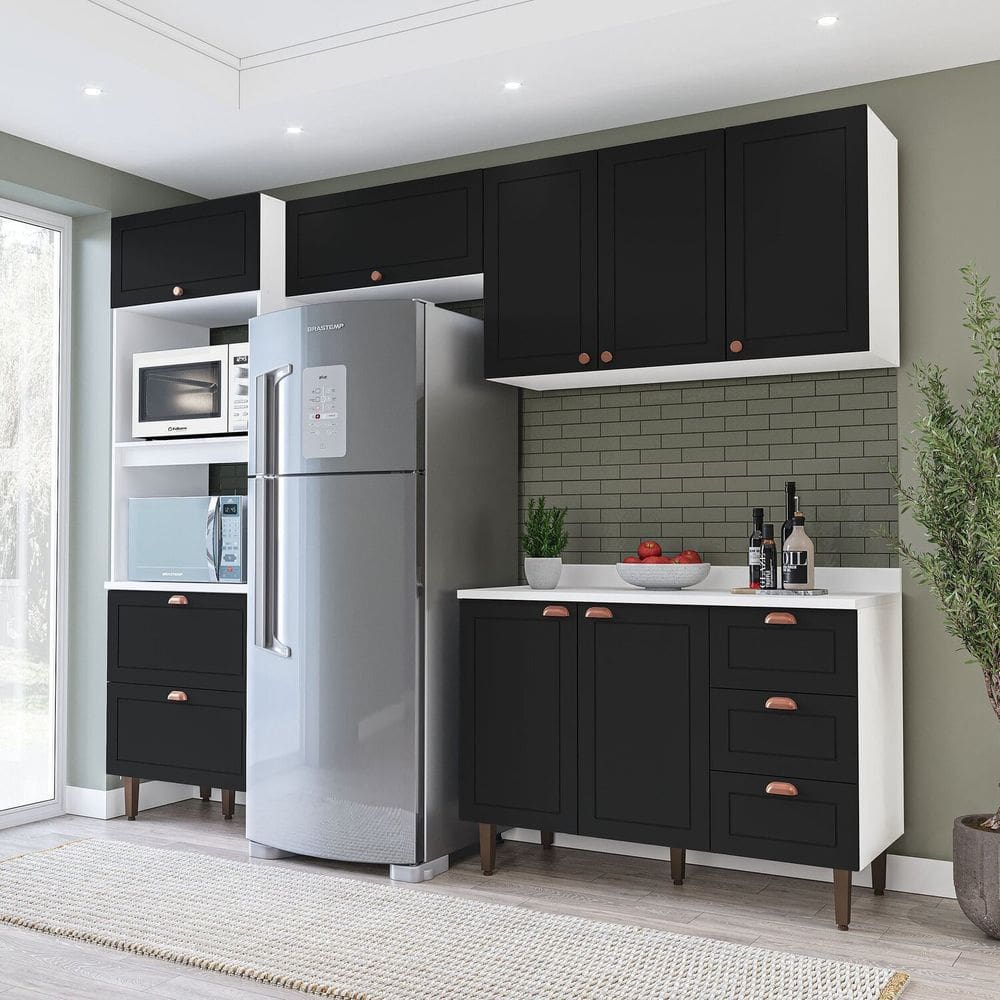 Cozinha Pérola 4 Peças Torre Quente Basculante Aéreo 3 Portas e Balcão 2 Gavetas 3 Portas com Tampo Branco/Preto